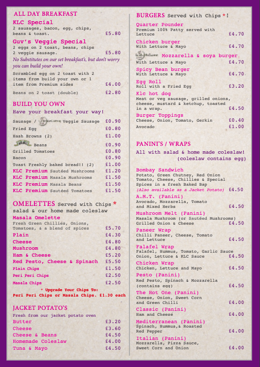 Food Menu Kentonlane Cafe